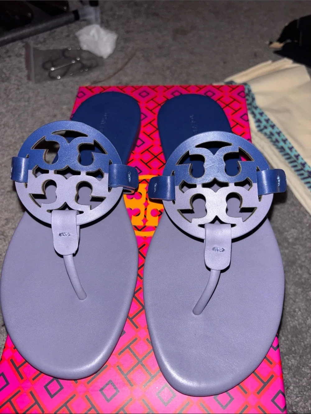 Tory Burch Two-Tone Lavender and Navy Miller Thong Sandals